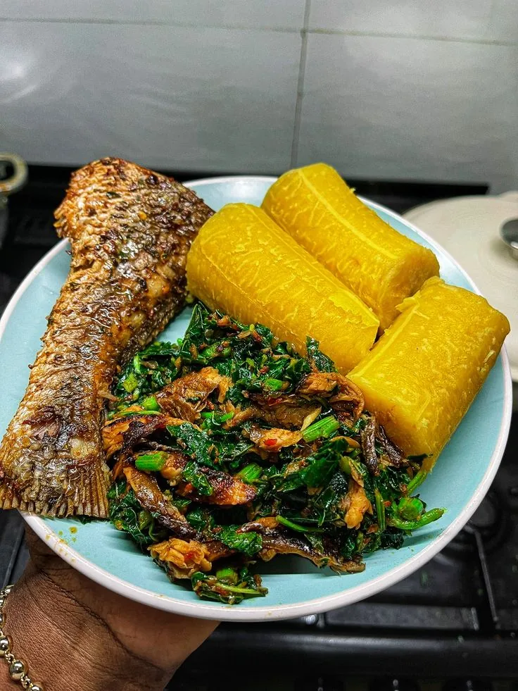 Boiled Plantain with Fish and Greens